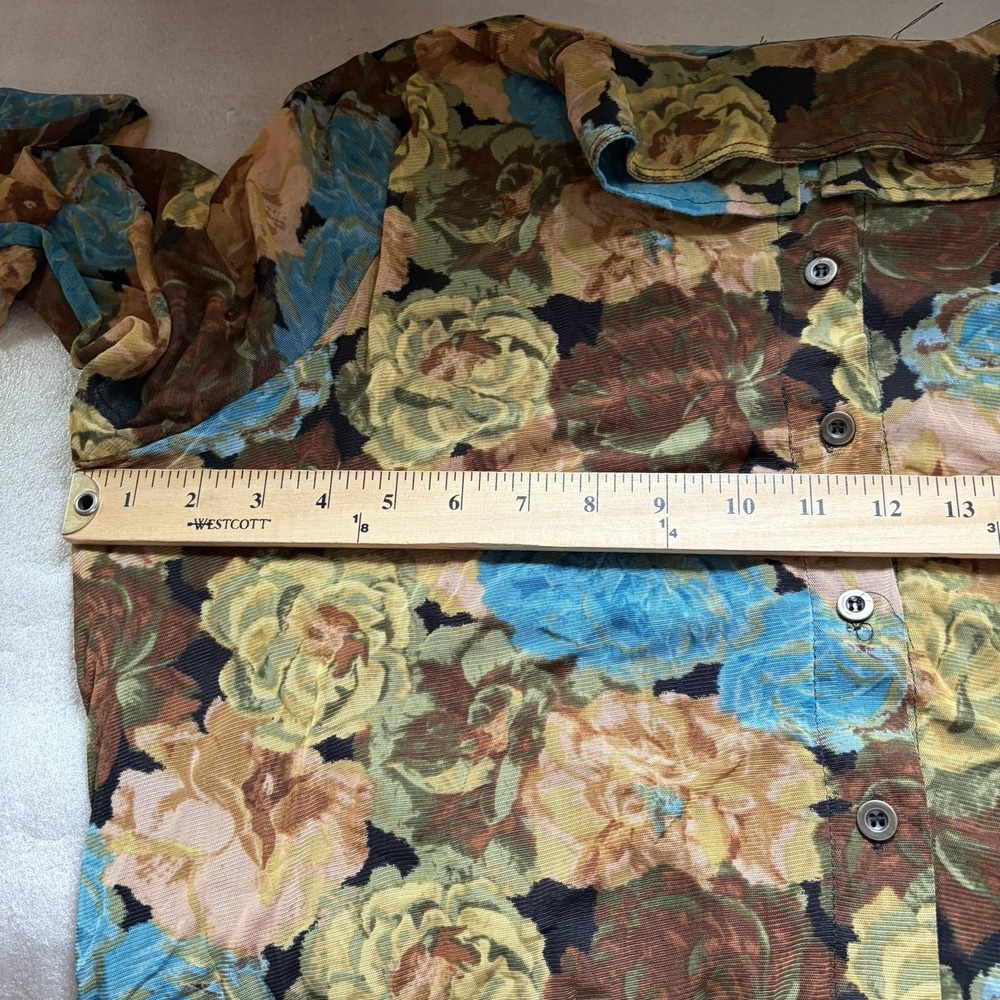 Jane Delancey Mesh Floral Shirt Women XL Blue Yellow Rose Button Up Whimsigoth - Picture 5 of 12